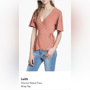 LEITH Salmon Pink Top. Side drawstring. Low cut, peplum fit.